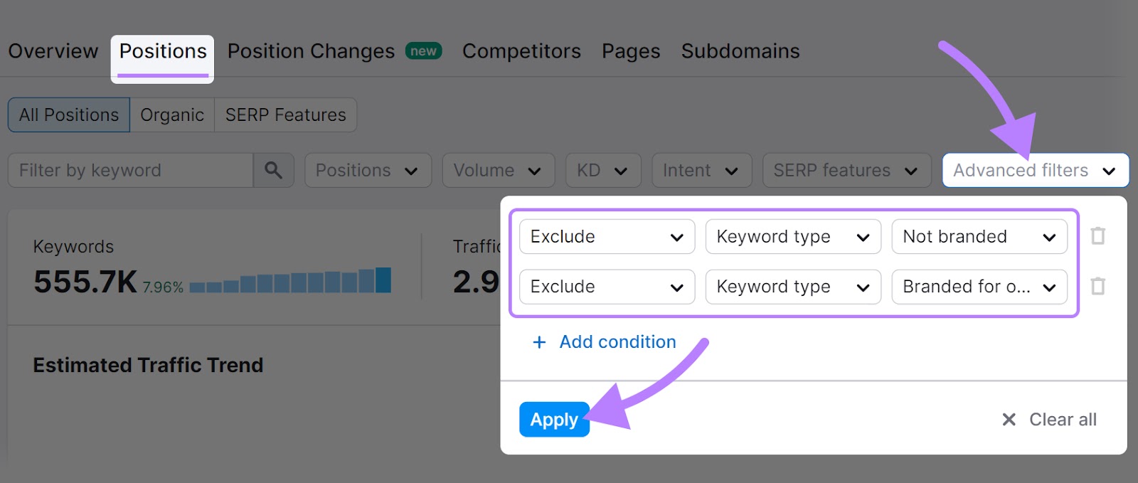 Advanced filters in Organic Research tool