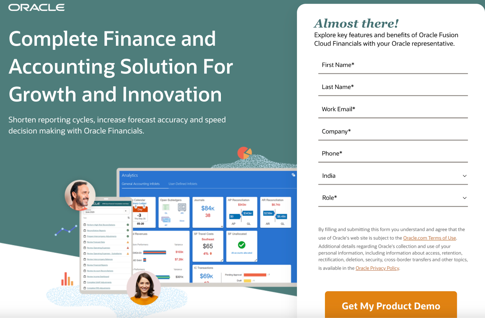 A landing page by Oracle with elements including a headline, a sub-headline, a lead generation form and a call to action.