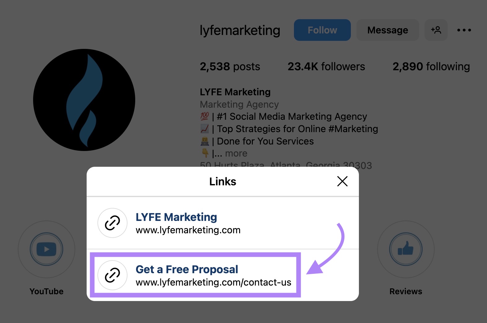 A link to "Get a Free Proposal" on the Instagram page of LYFE Marketing.