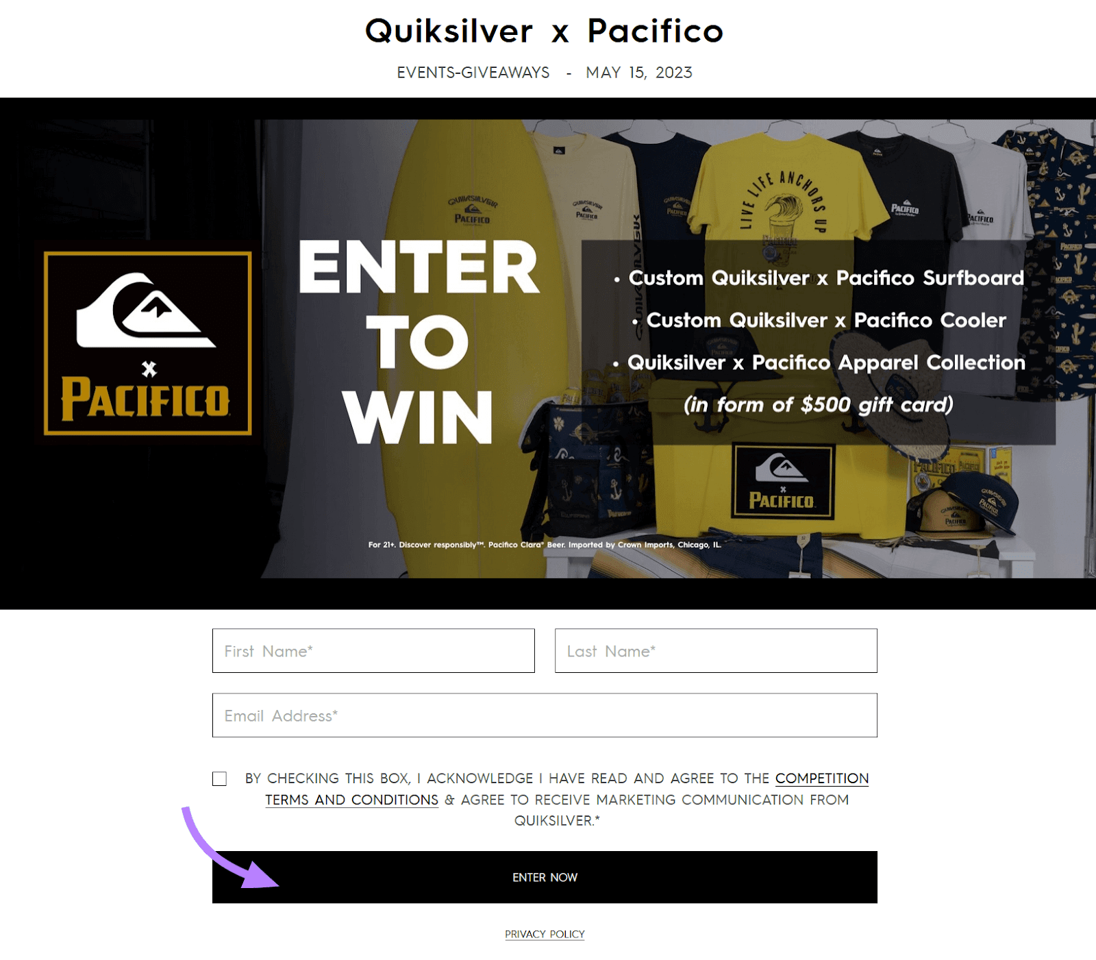 Giveaway hosted by Quicksilver on their website with a lead generation form to enter the content at the bottom of the page.