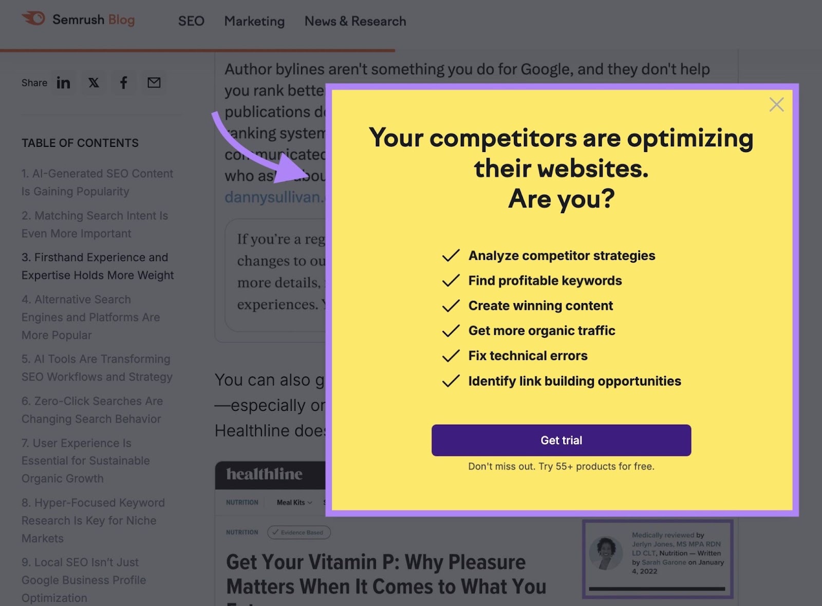 Scroll-trigger popup on Semrush's blog posts that appear when readers scroll to a certain point.