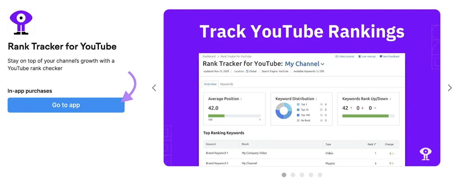 Rank Tracker for YouTube landing page with arrow to Go to app button