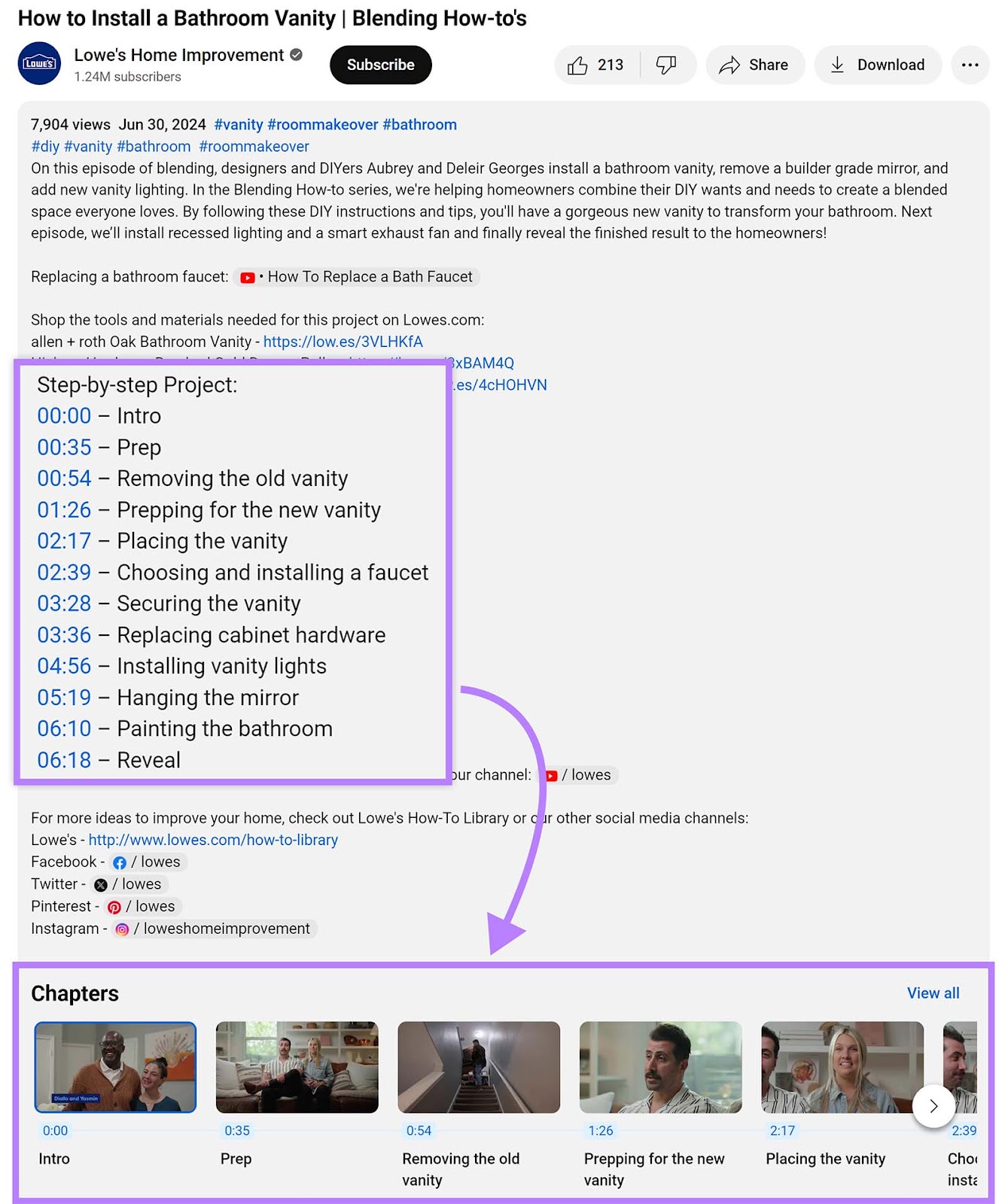 Timestamps in YouTube description highlighted with arrow pointing to Chapters below