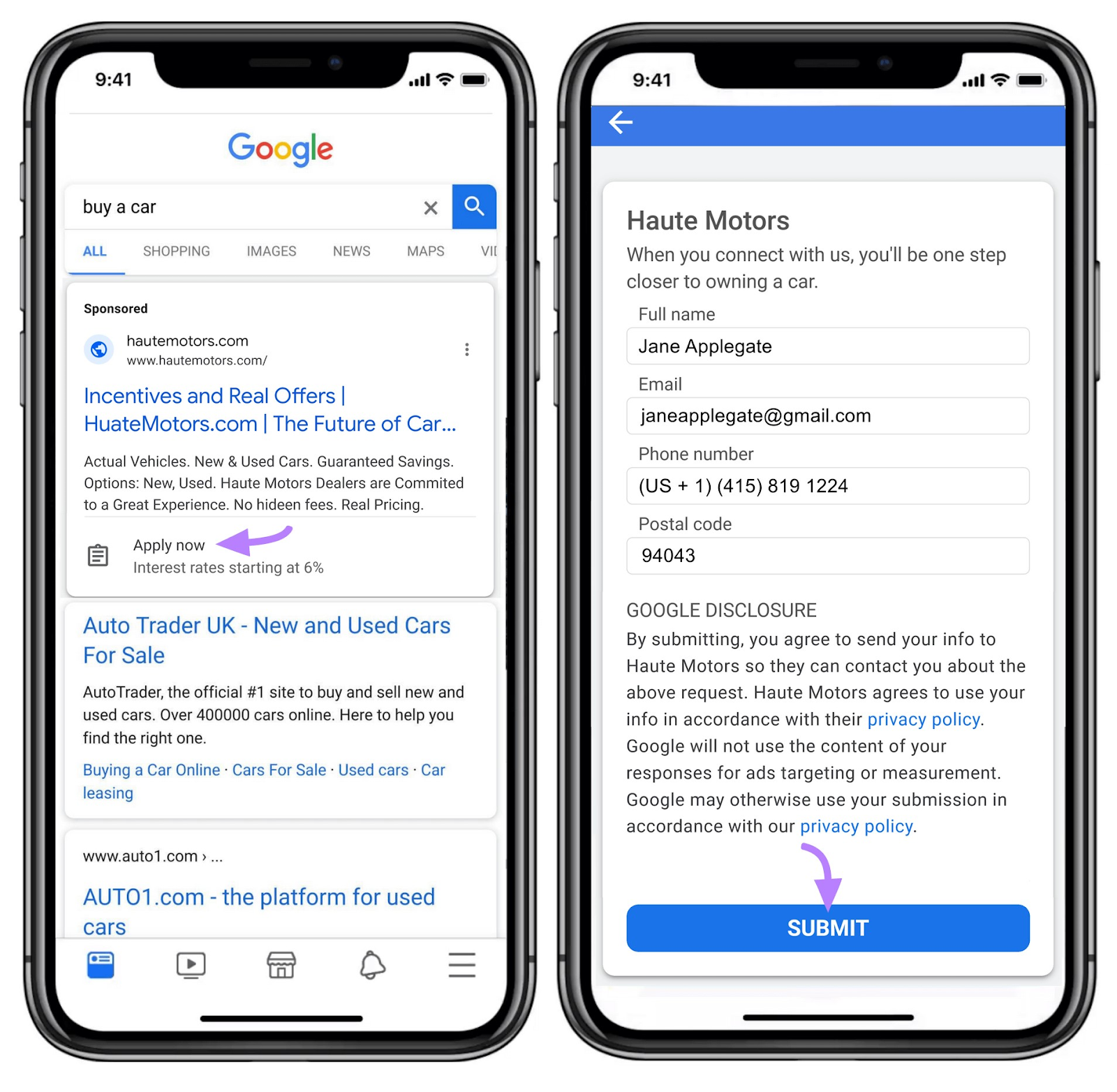 Lead form assets on Google where clicking a CTA opens a native lead generation form where users can directly submit their information.