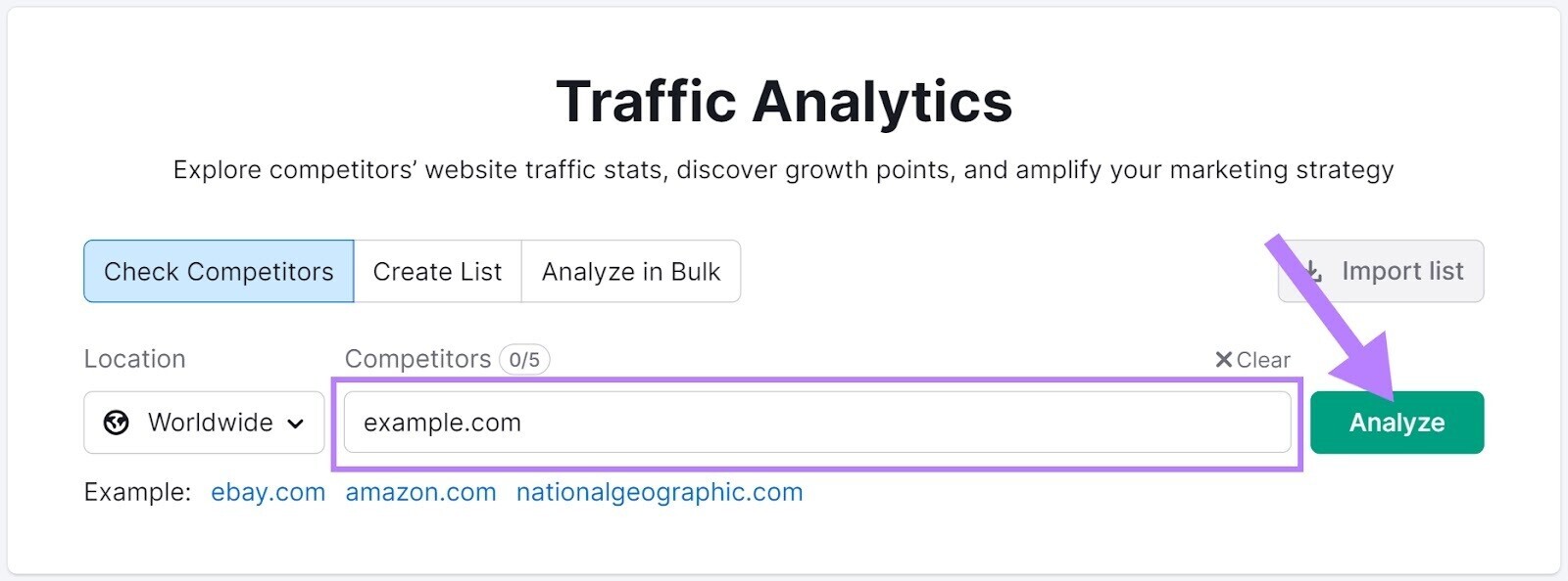 "example.com" url in Traffic Analytics tool search bar