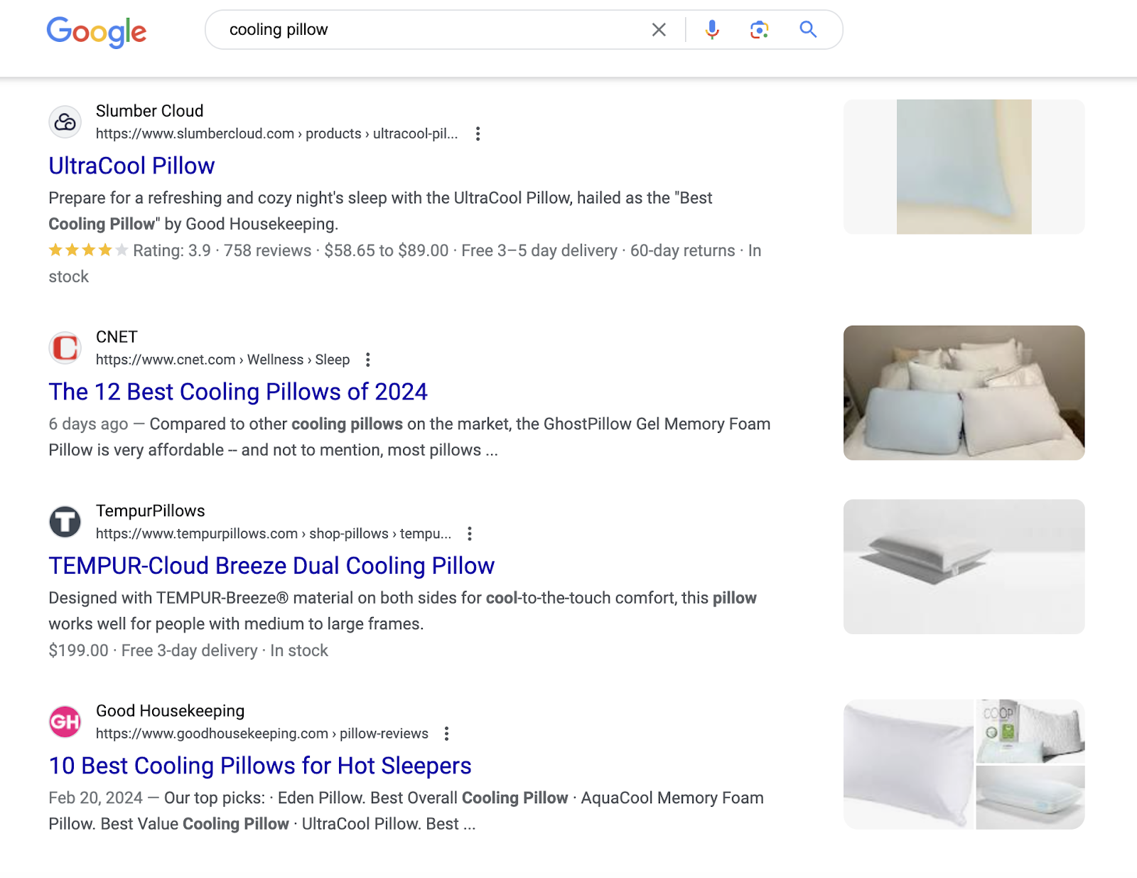 serp for cooling pillow with images, product pages, and roundup pages