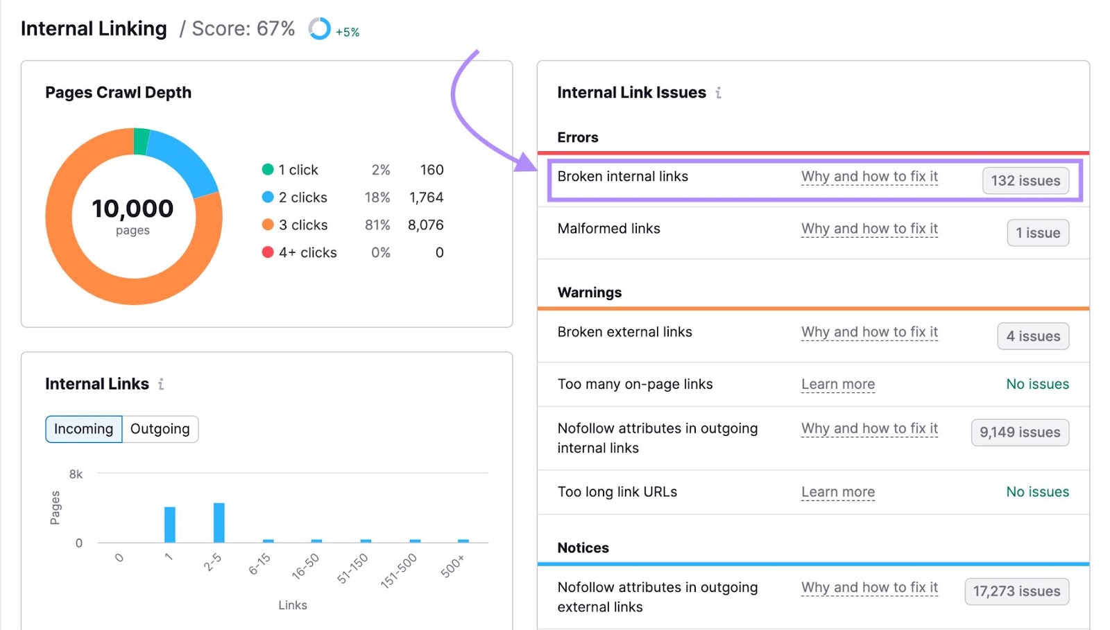 "Broken internal links" result highlighted under "Internal Linking" report