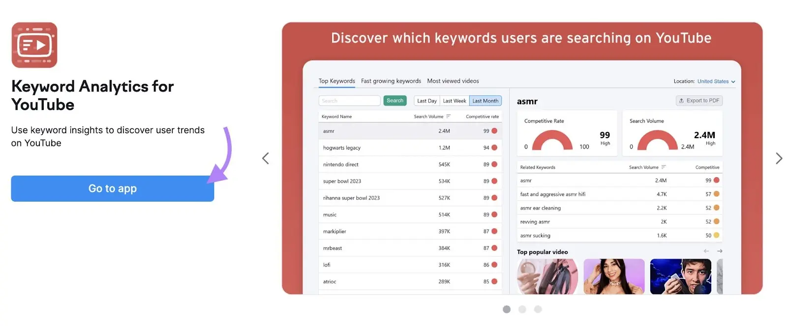 Keyword Analytics for YouTube app opened and arrow pointing to Go to app button