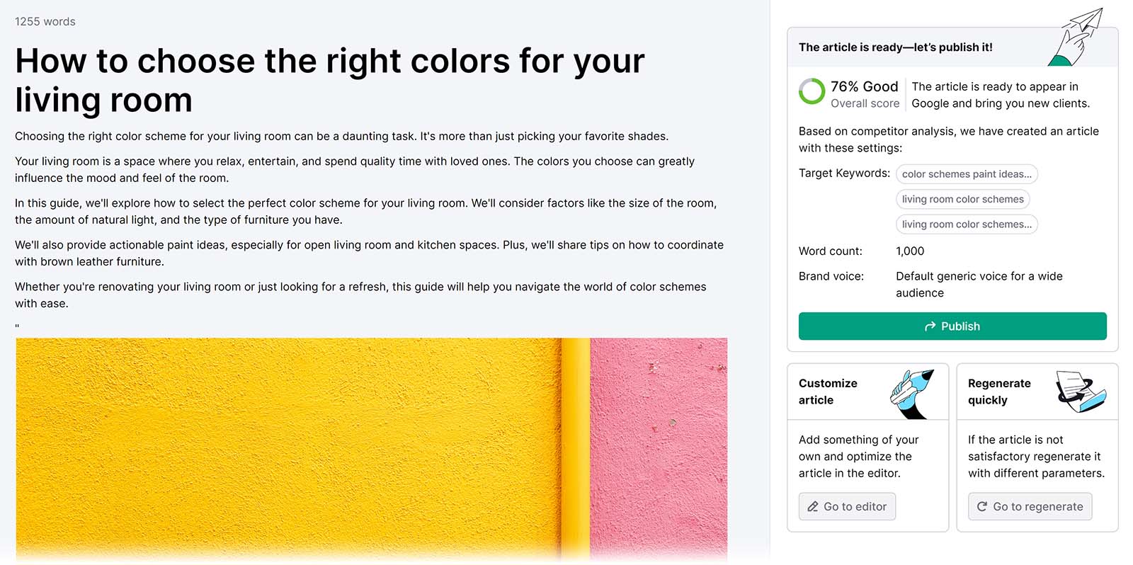 Semrush ContentShake AI generated article dashboard showing options to publish, edit, and regenerate article