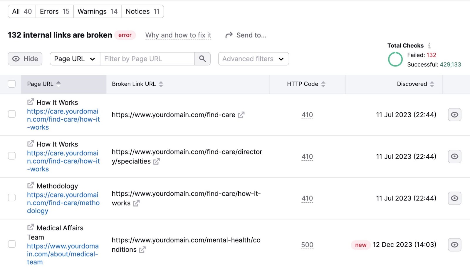 A list showing 132 internal links that are broken