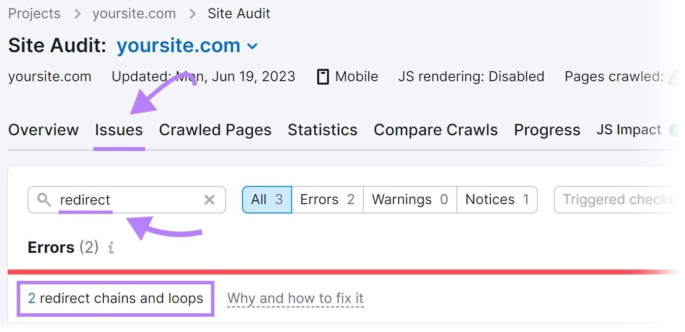Errors section in Site Audit showing “2 redirect chains and loops”