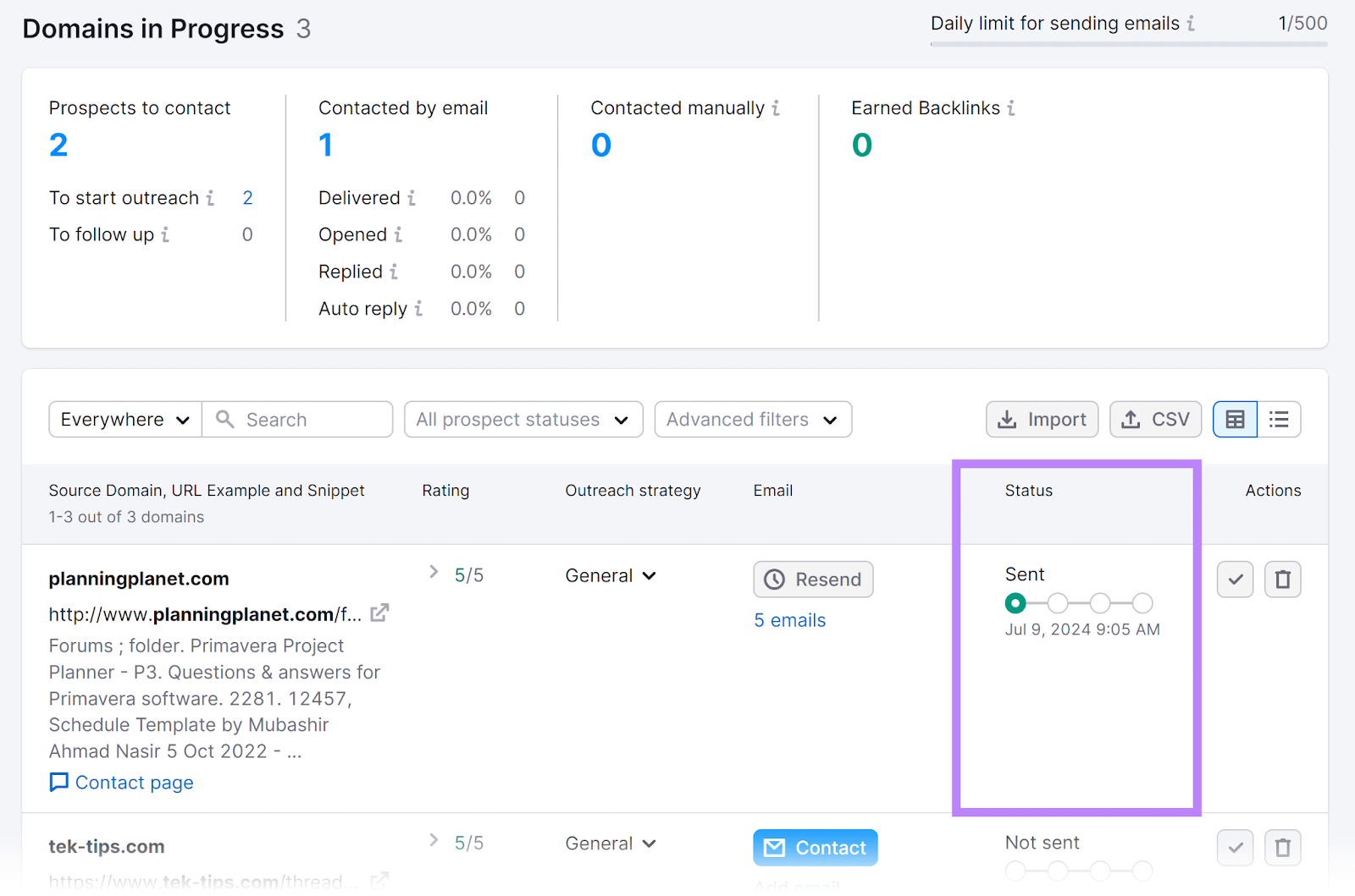 In Progress tab showing updated status as Sent for domain