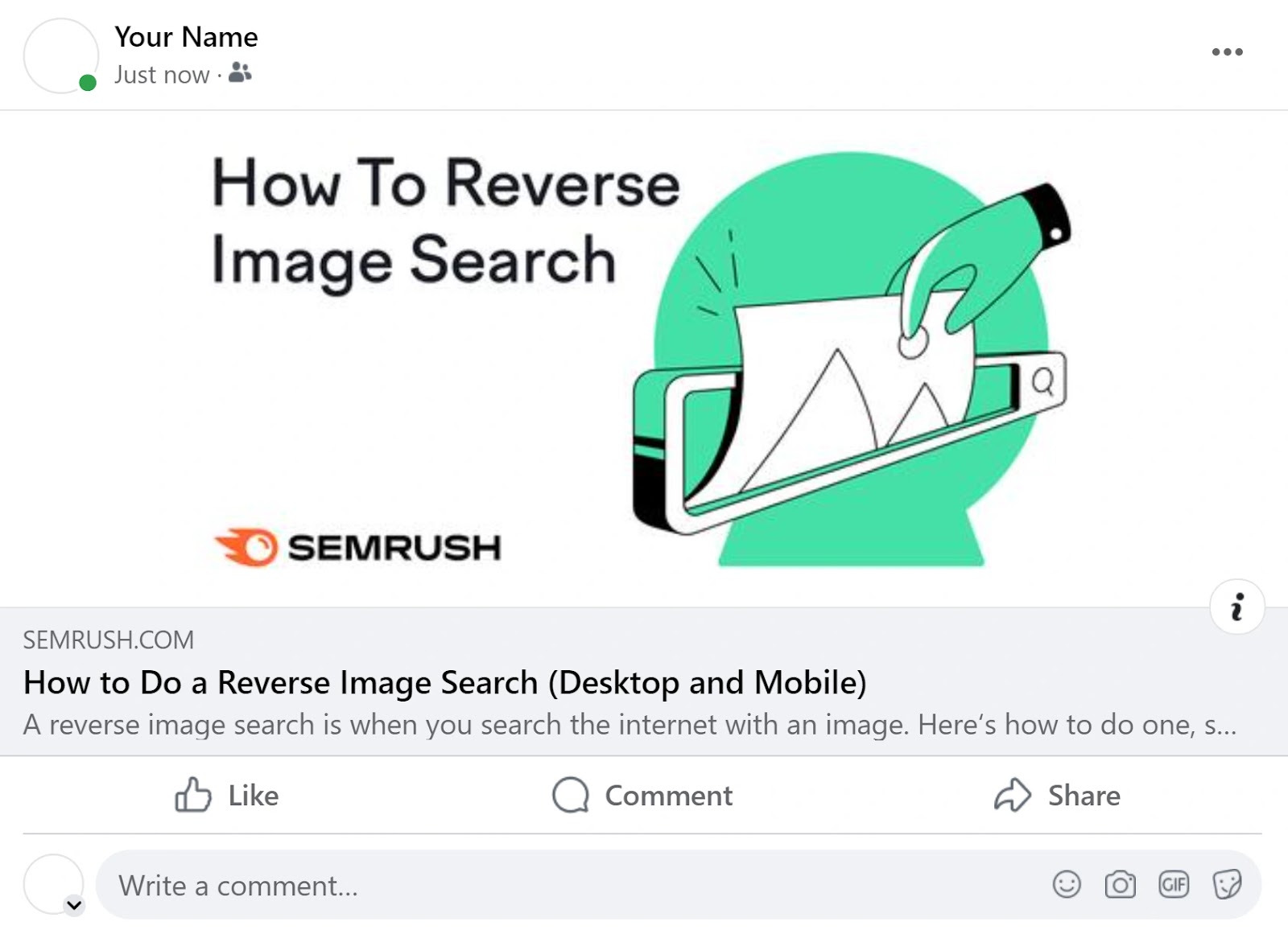 Semrush's blog post about reverse image search shared on Facebook