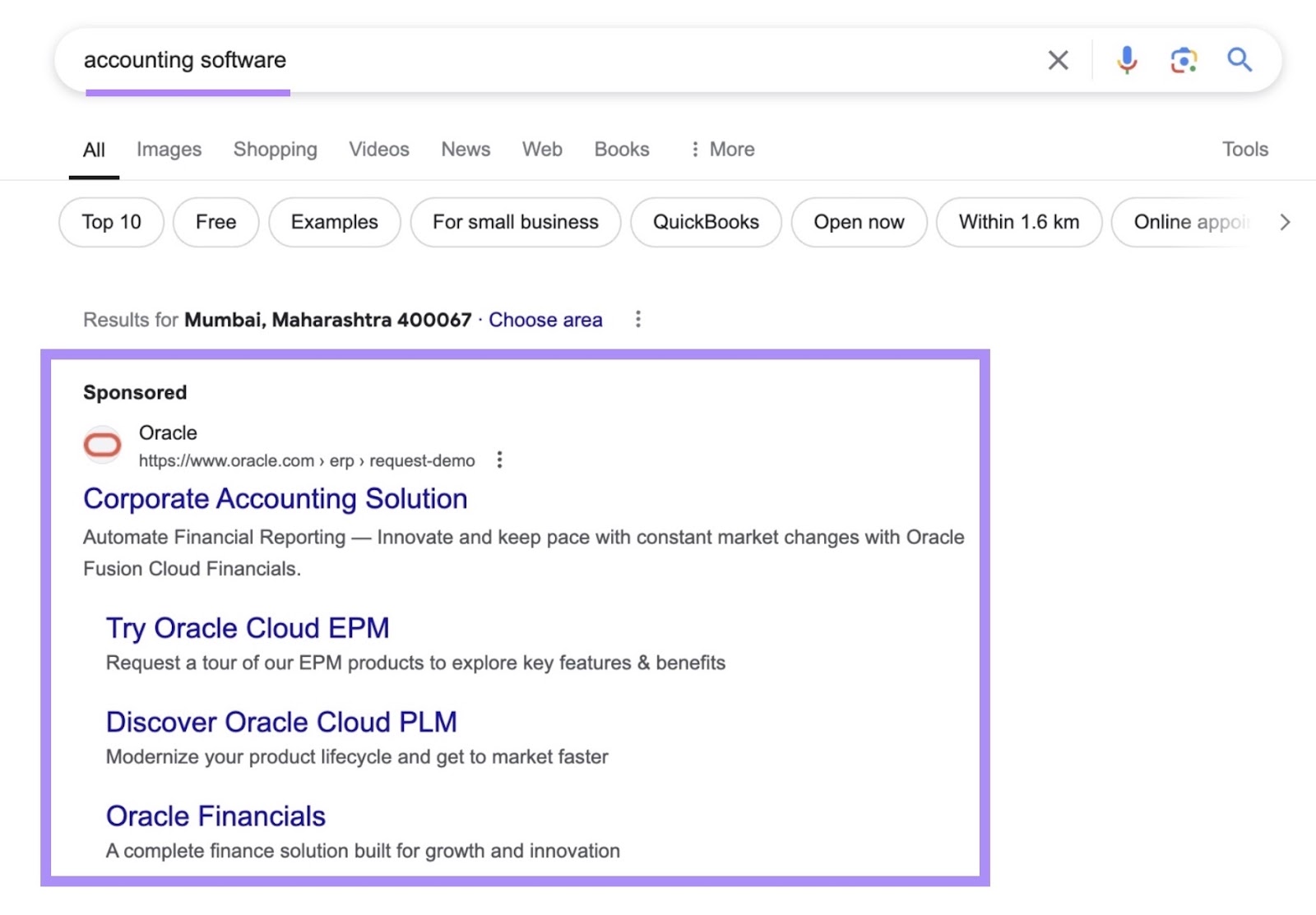 Google SERP with "accounting software" entered as the term along with the sponsored result appearing on top highlighted.