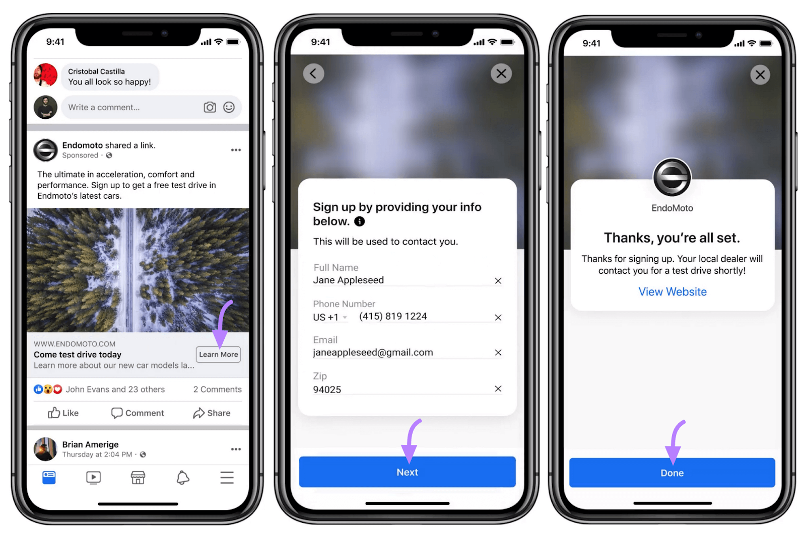 Example of Lead Ads workflow on Facebook where advertisers can collect user information directly within the platform.
