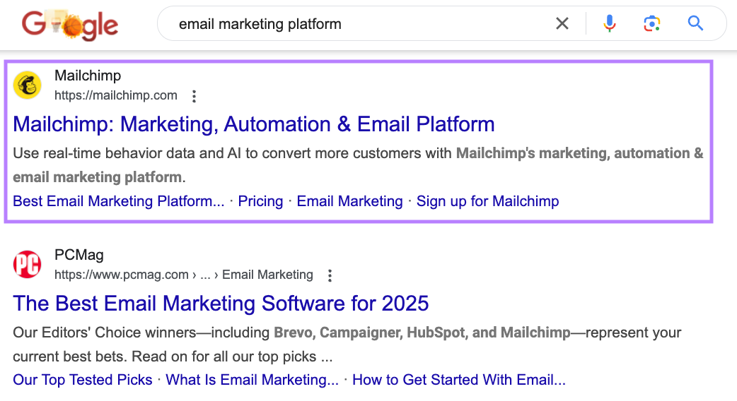 Mailchimp page shown in Google search results.
