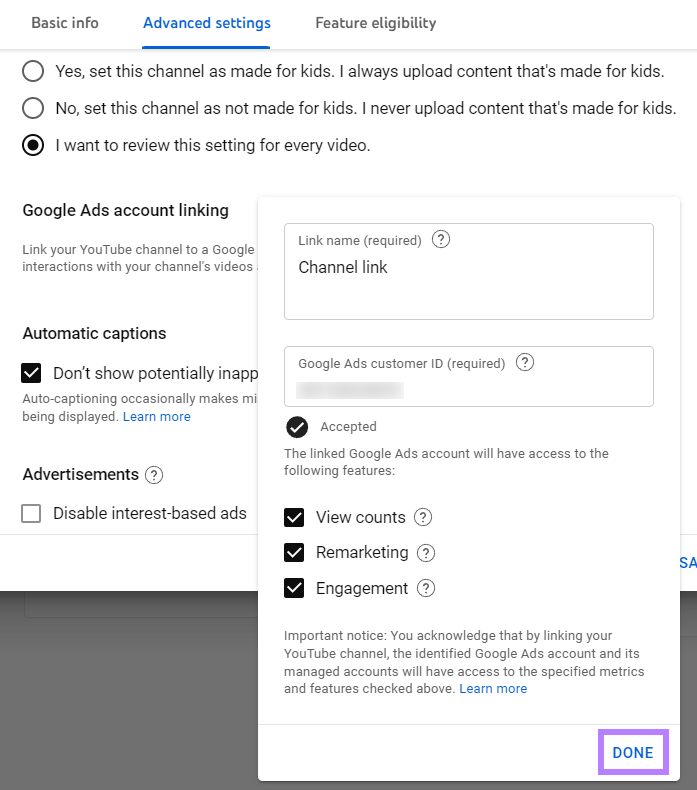 Google Ads account linking settings