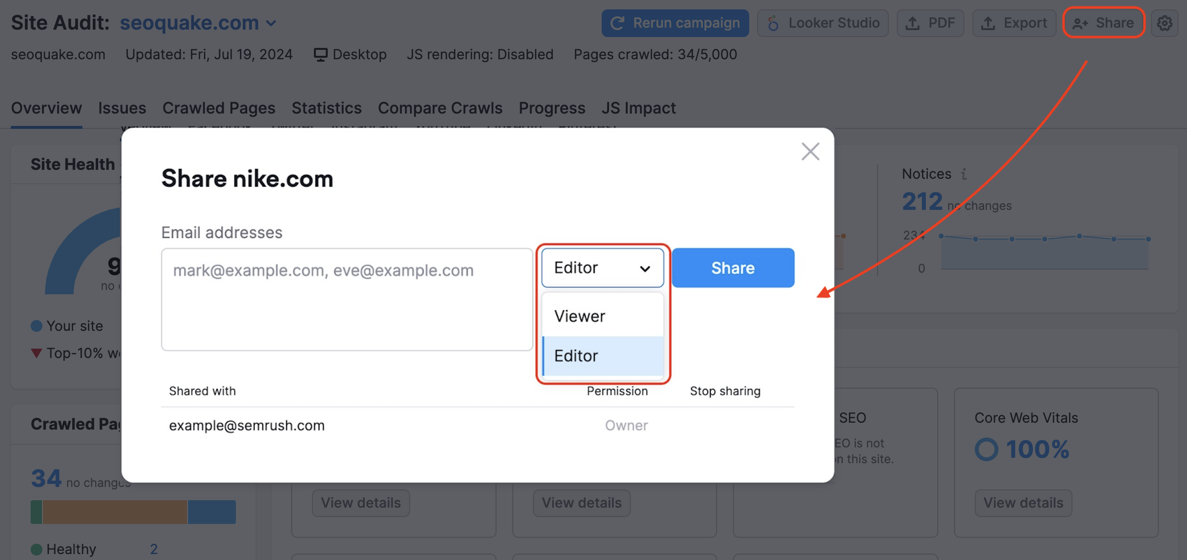 Pop-up screen when sharing a project from Site Audit that opens after clicking the Share button. The drop-down menu shows viewer and editor options.