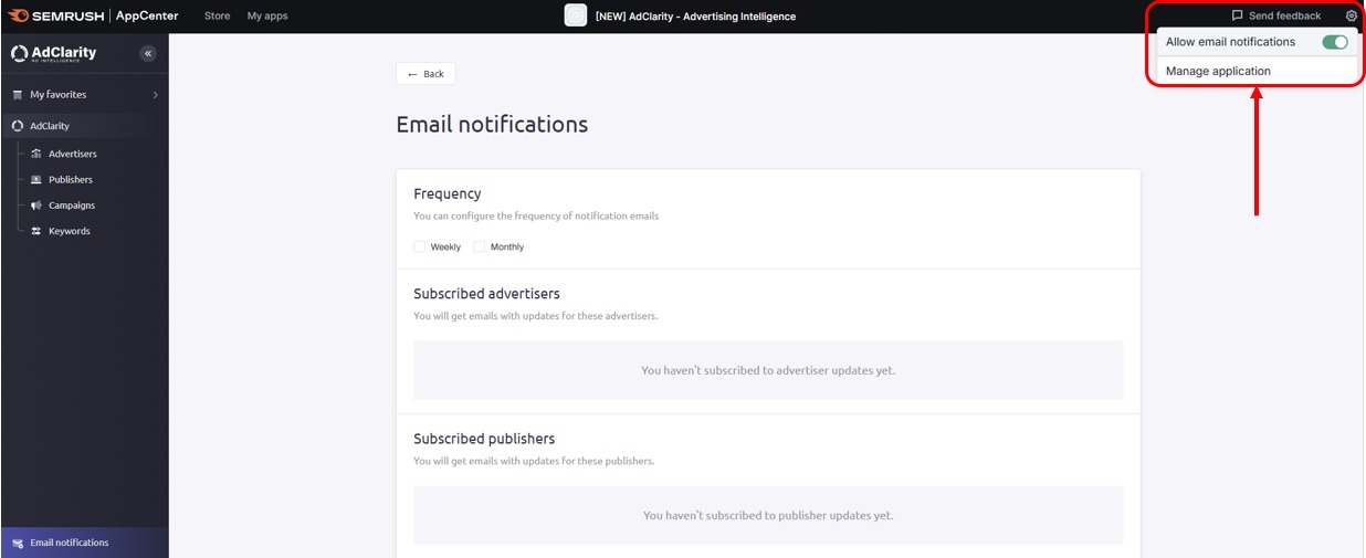 Enabling email notifications in AdClarity — Advertising Intelligence