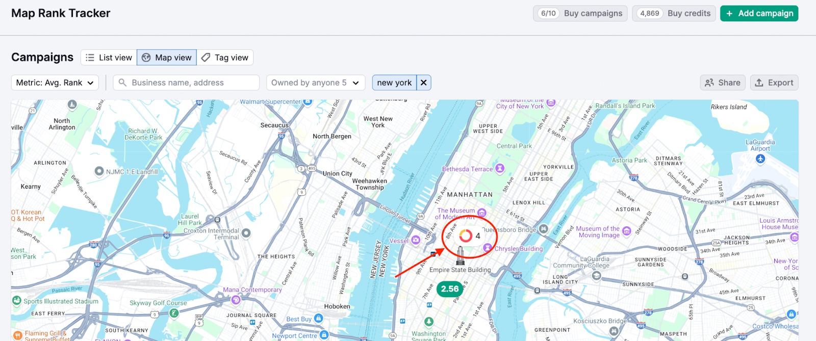 Map Rank Tracker Map view for a cluster of campaigns tagged by geo area 
